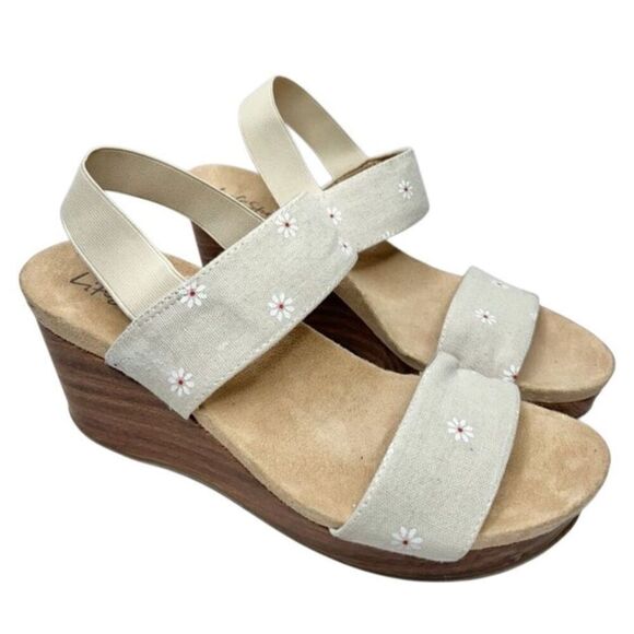 Life Stride Sandals Size 8.5 Gray Floral Elastic Slingback Open Toe Wedges - Picture 1 of 9